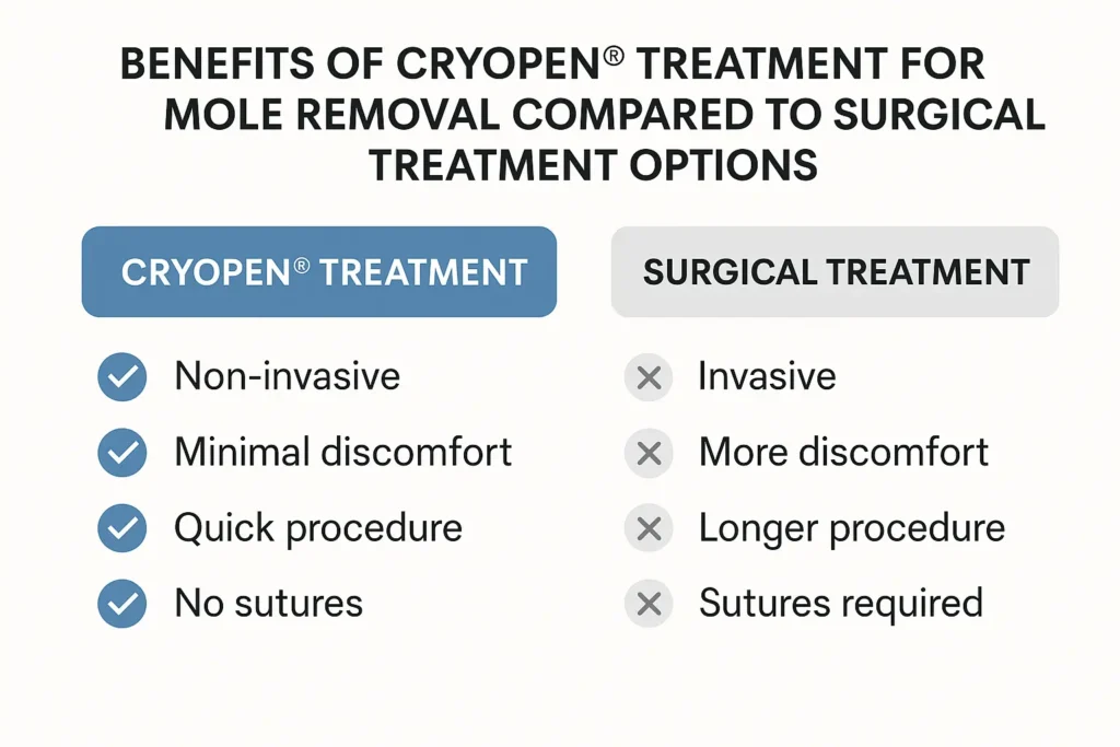 Table to show the benefits of getting moles removed Weybridge from LA LIPO