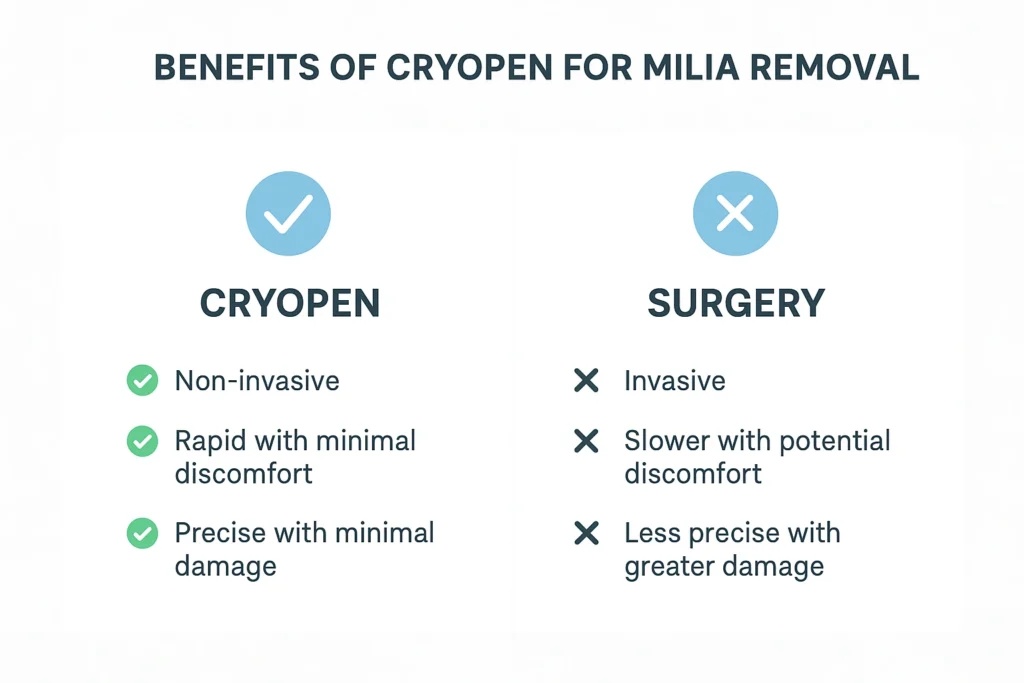 Benefits of cryopen for milia removal Weybridge compared to surgical treatments.