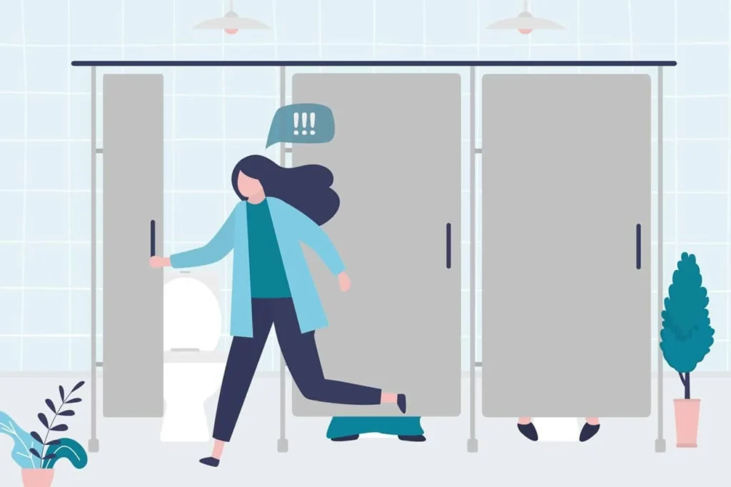 graphic of Urine incontinence Weybridge woman running to the toilet.