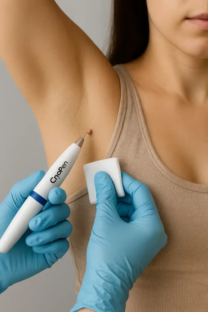 woman having cryopen to remove underarm skin tags Weybridge