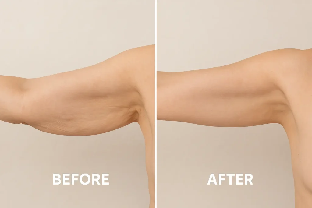 Picture of LA LIPO Weybridge before and after results of skin tightening treatment on the upper arms.