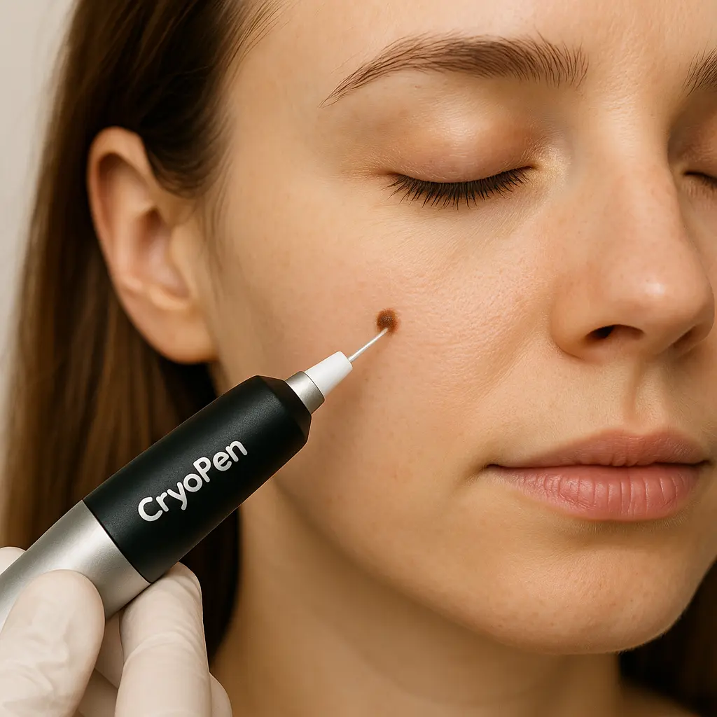 woman receiving facial mole removal Weybridge using cryopen 
