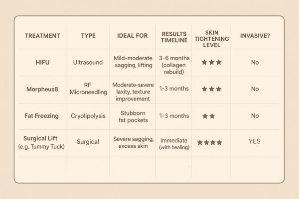 Table showing the comparisons of Skin tightening Weybridge treatment options. 